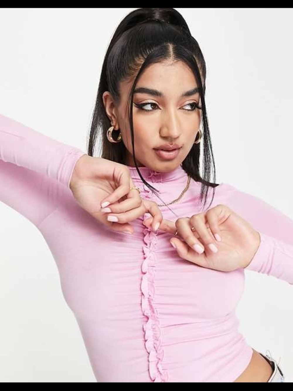 Miss Selfridge ruched funnel crop top in pink